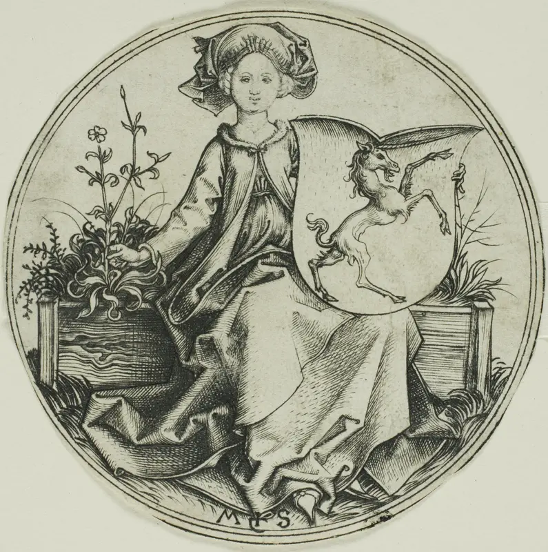 Shield with a Unicorn, Held by a Lady Wall Art by Martin Schongauer - High-Resolution Digital Print