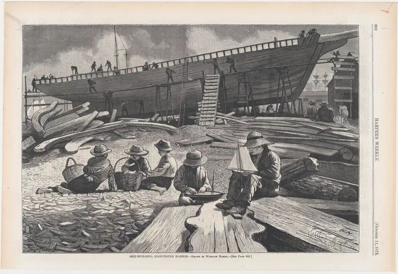 Ship-Building, Gloucester Harbor (from "Harper's Weekly," Vol. XVII) Wall Art by Winslow Homer - High-Resolution Digital Print