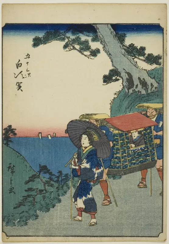 Shirasuka, from the series "Fifty-three Stations [of the Tokaido] (Gojusan tsugi)," also known as the Figure Tokaido (Jinbutsu Tokaido)