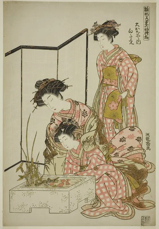 Shirotae of the Okanaya, from the series "Models for Fashion: New Designs as Fresh as Young Leaves (Hinagata wakana no hatsu moyo)" Wall Art by Isoda Koryusai - High-Resolution Digital Print