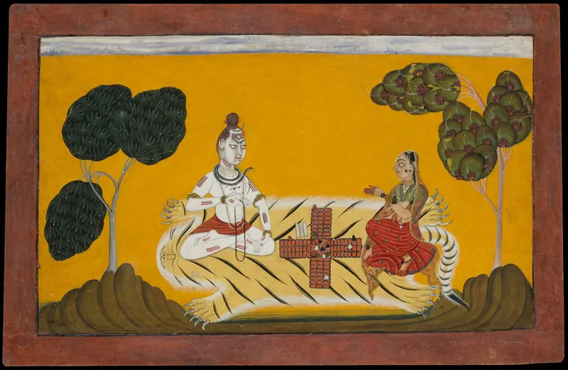 Shiva and Parvati Playing Chaupar: Folio from a Rasamanjari Series Wall Art by Devidasa of Nurpur - High-Resolution Digital Print