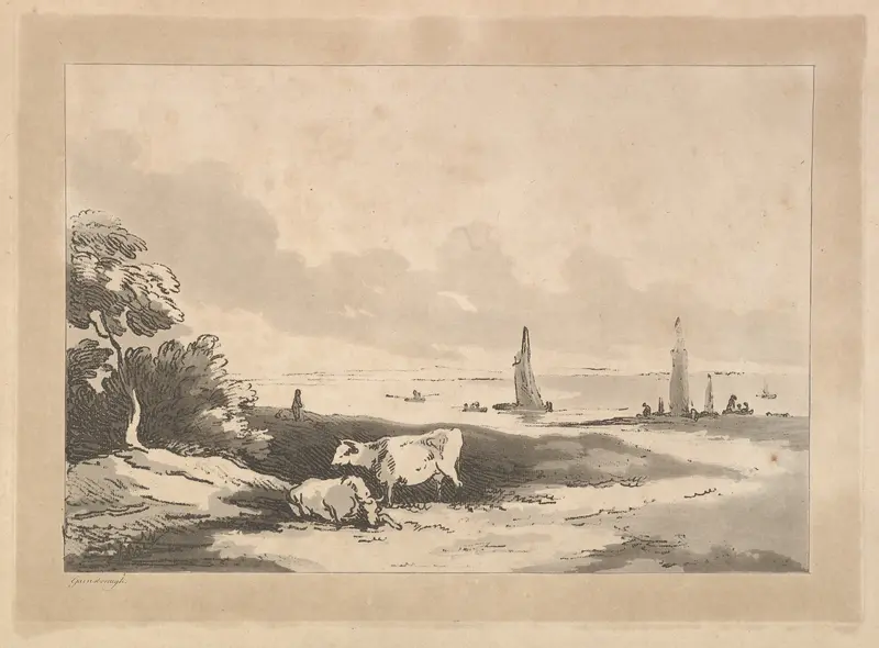 Shore scene with cattle, boats in shallow water behind, or, Cattle, River side Wall Art by Thomas Rowlandson - High-Resolution Digital Print