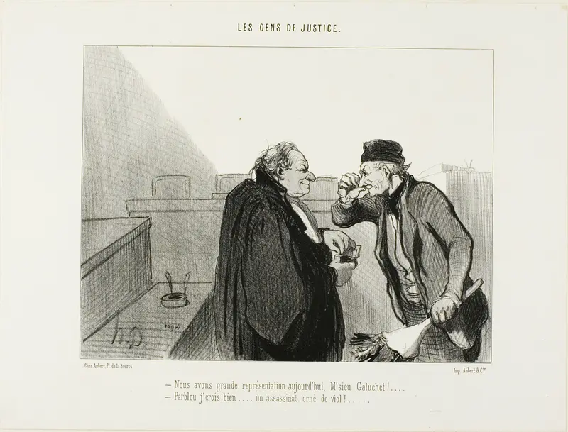 “- Should be a great performance today, Mr.Galuchet... - I should think so... A murder case with a rape thrown in...,” plate 31 from Les Gens De Justice