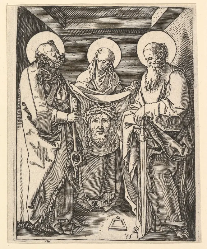 Shroud of Oviedo: Virgin Mary holds open shroud for Saint Peter and Saint Paul, from "The Passion of Christ", after Dürer