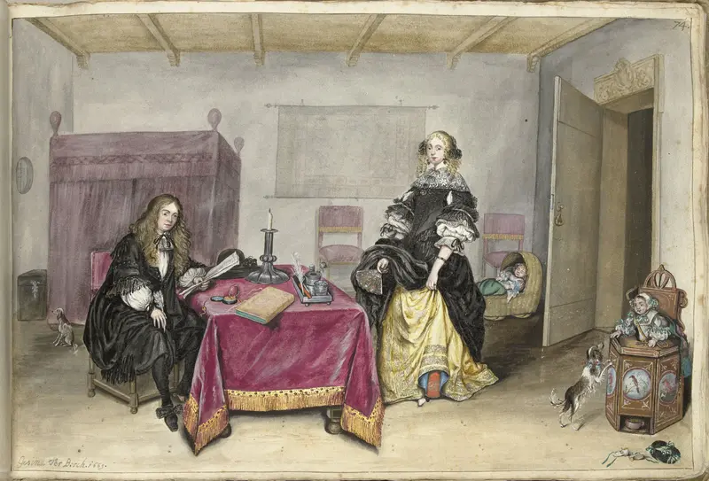 Sijbrant Schellinger en Jenneken ter Borch met twee kinderen in een interieur Wall Art by Unknown - High-Resolution Digital Print