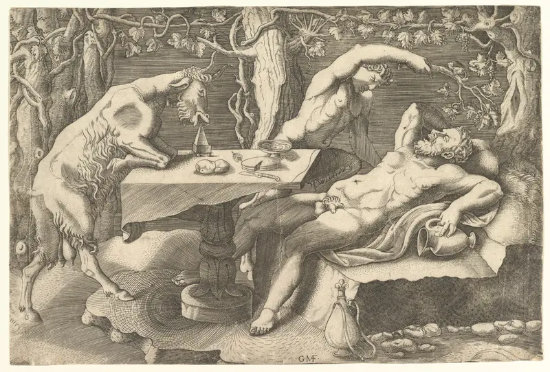 Silenus sleeping at right, taunted by a Satyr, and a Goat climbing on a table at left