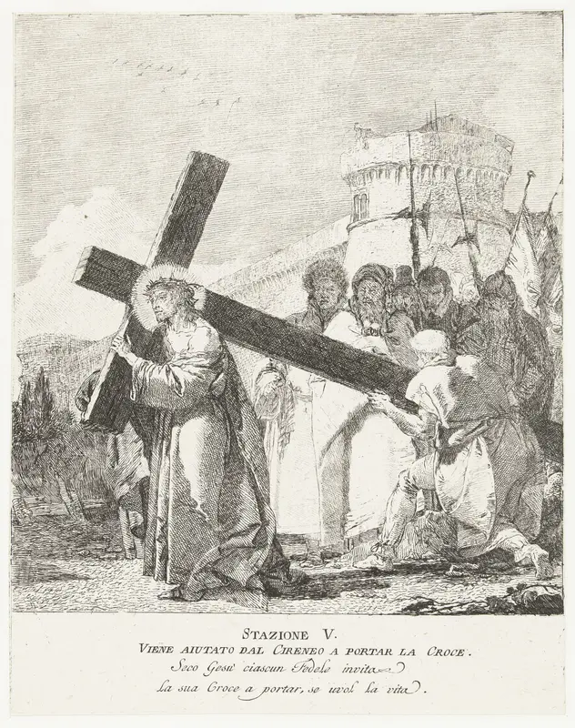 Simon van Cyrene helpt Christus met dragen kruis Wall Art by Giovanni Domenico Tiepolo - High-Resolution Digital Print