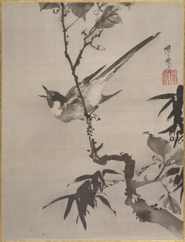 Singing Bird on a Branch Wall Art by Kawanabe Kyōsai 河鍋暁斎 - High-Resolution Digital Print
