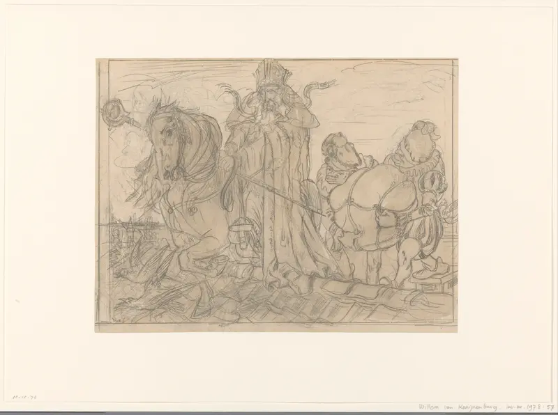 Sinterklaas met twee pieten op een dak Wall Art by Willem van Konijnenburg - High-Resolution Digital Print