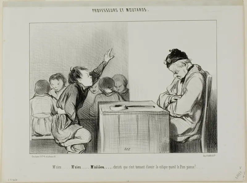 “Sir... Sir... Siiiirrrr... Christ, it's annoying to have a colic when the supervisor is supervising,” plate 13 from Professeurs Et Moutards