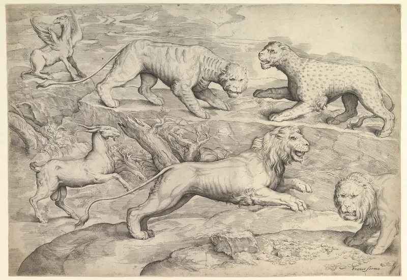 Six Animals, including lions, a tiger, a leopard, a griffin, and a goat Wall Art by Battista Franco - High-Resolution Digital Print