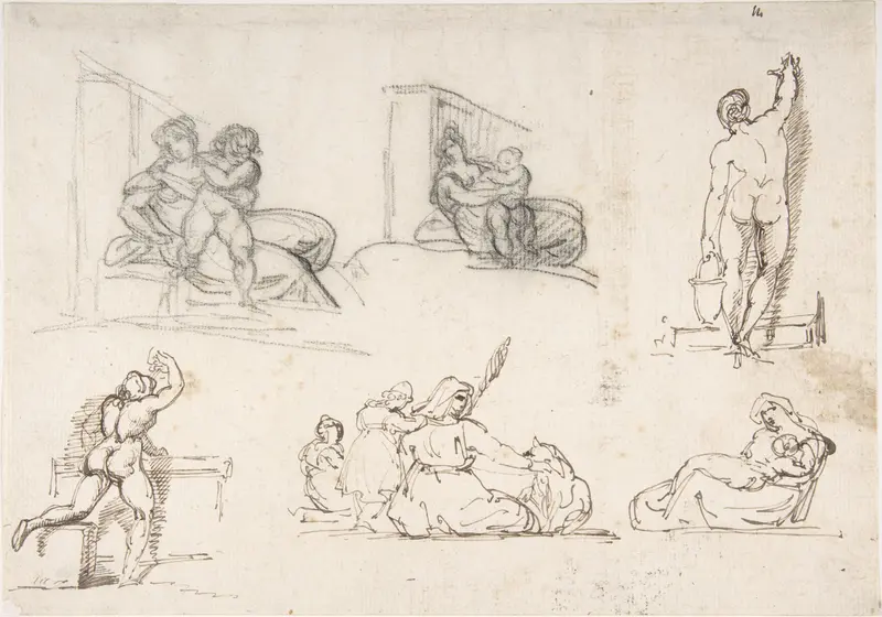 Six Figure Studies, including four for "The Poor Italian Family" Wall Art by Théodore Géricault - High-Resolution Digital Print
