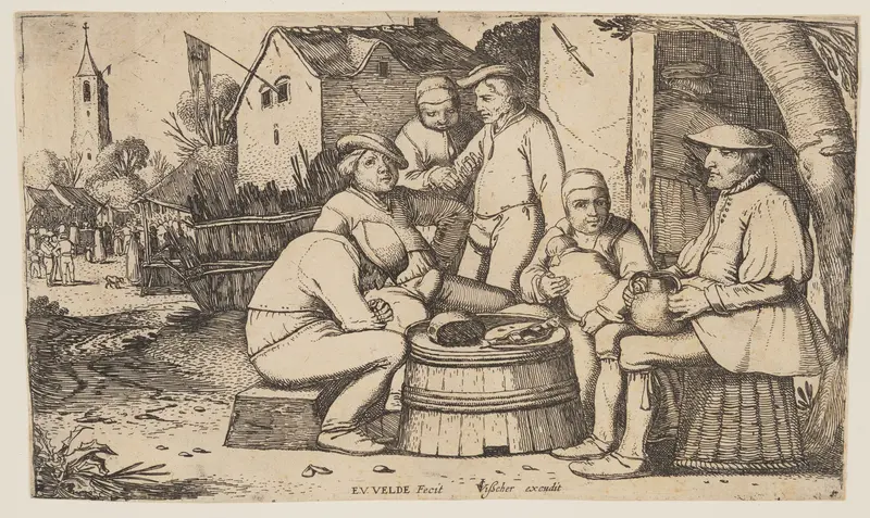 Six Peasants using a Barrell Butt as a Table Wall Art by Esaias van den Velde, I - High-Resolution Digital Print