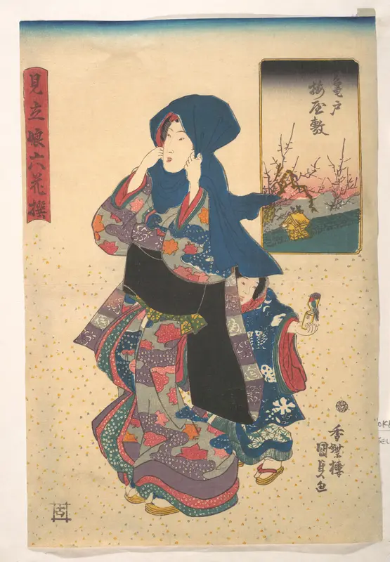Six Poetic Sages as Young Women at the Plum Garden at Kameido Wall Art by Utagawa Kunisada - High-Resolution Digital Print