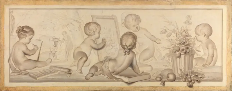 Six Putti with Flowers and Fruit and Attributes of the Art of Drawing Wall Art by Unknown - High-Resolution Digital Print