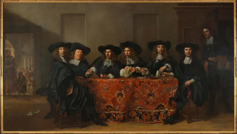 Six Regents and the Housemaster of the Oudezijds Institute for the Outdoor Relief of the Poor, Amsterdam, 1675 Wall Art by Pieter van Anraedt - High-Resolution Digital Print