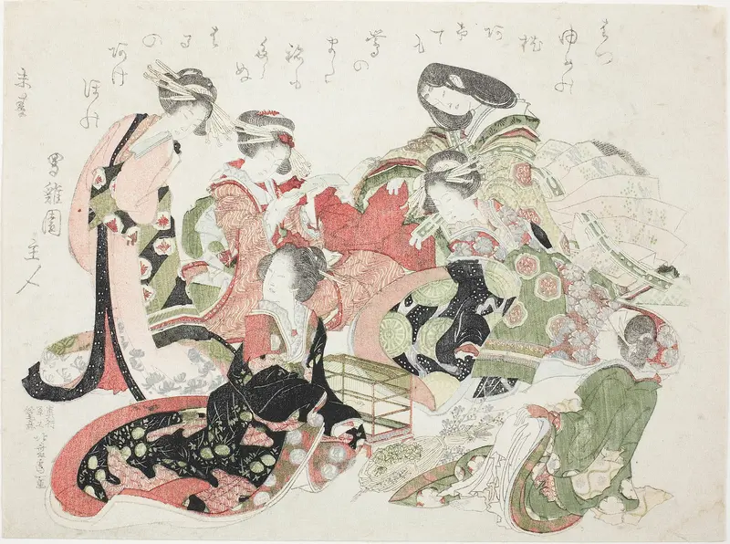 Six women seated around a bird cage