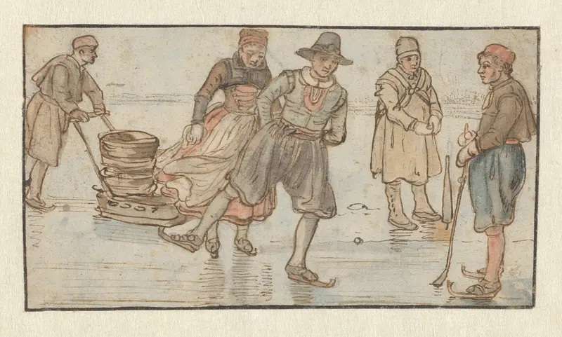 Skaters on the Ice, a Man Pushing a Sledge and a Kolf-player / verso: Two Skaters Wall Art by Hendrick Avercamp - High-Resolution Digital Print