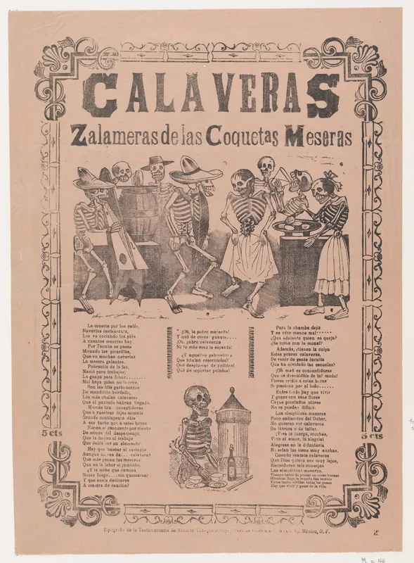 Skeletons (calaveras) dancing and drinking, relating to the coquettish waitress, corrido in bottom section Wall Art by José Guadalupe Posada - High-Resolution Digital Print