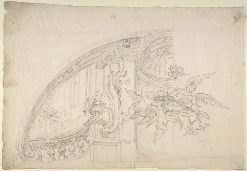 Sketch for the Rear Arched Area of a Chapel, with an Angel and Three Putti Holding Up a Plate with the Head of the Baptist Wall Art by Anonymous, Italian, Piedmontese, 18th century - High-Resolution Digital Print