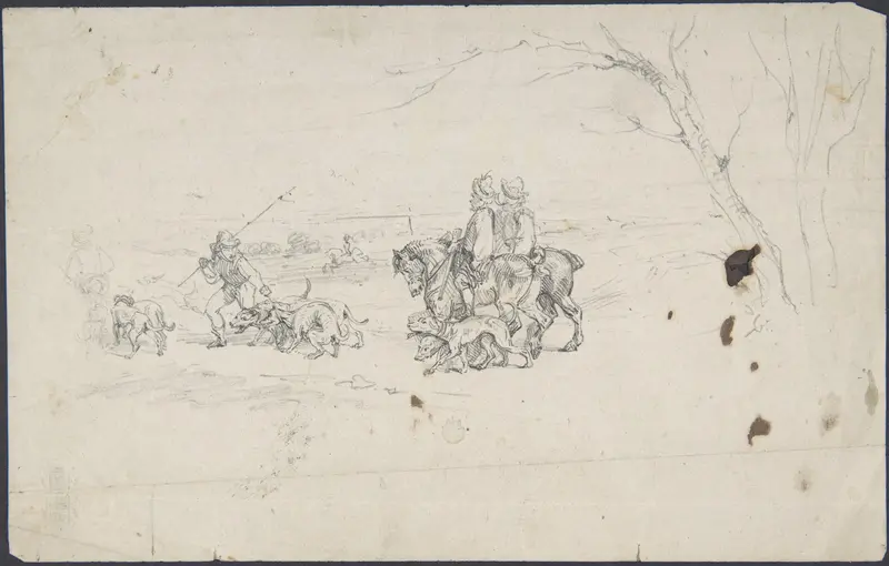 Sketch of horsemen with dogs Wall Art by Anonymous, German, 19th century - High-Resolution Digital Print