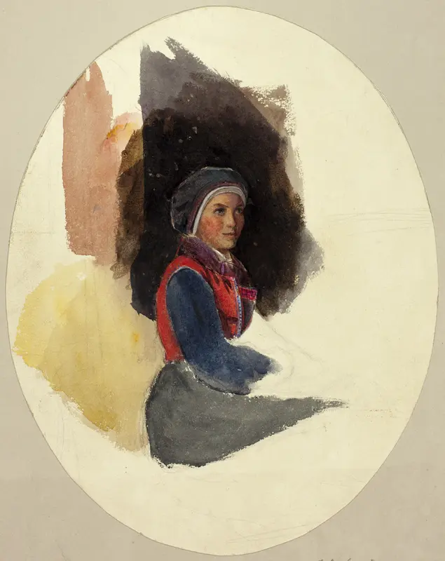 Sketch of Seated Woman in Peasant Costume Wall Art by John Frederick Lewis - High-Resolution Digital Print