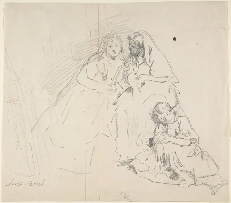Sketch of Two Seated Women with Young Girl Sitting at Their Feet; Verso: Sketch of a Woman Wall Art by Charles Baugniet - High-Resolution Digital Print