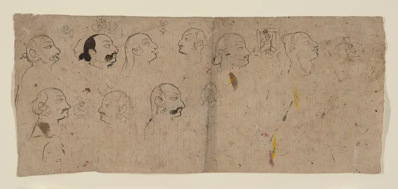 Sketch Page of Facial Studies, likely Maharao Kishor Singh Wall Art by Unknown - High-Resolution Digital Print