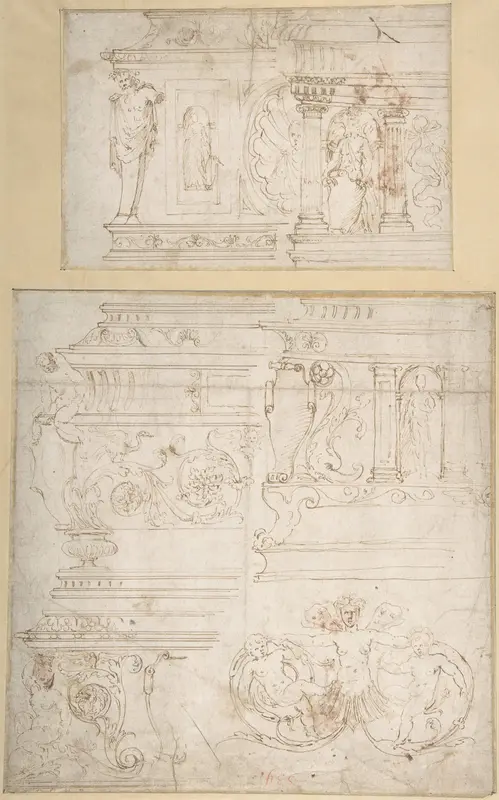 Sketches for the Design of a Casket (recto); Battle of the Centaurs and Lapiths(?) (verso) Wall Art by Girolamo da Carpi (Girolamo Sellari) - High-Resolution Digital Print