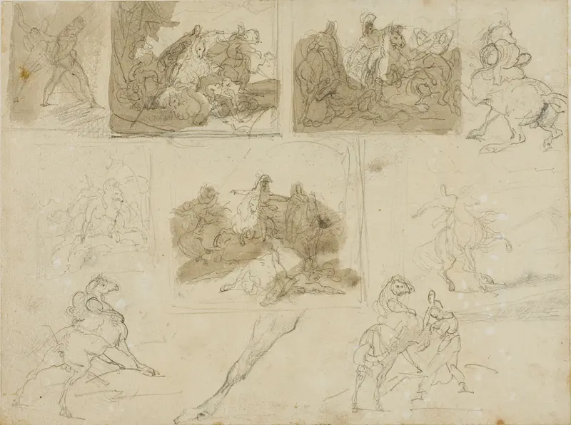 Sketches of a Cavalry Battle and Studies of a Draught Horse