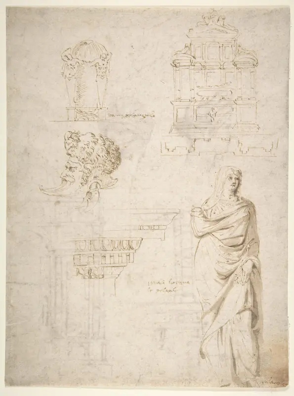 Sketches of a Funeral Monument, a Niche with Statues, a Helmet in the Shape of a Human Head, an Entablature and a Female Statue Wall Art by Michelangelo Buonarroti - High-Resolution Digital Print