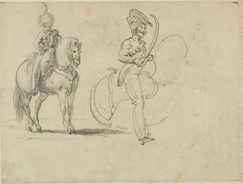 Sketches of a Mounted Chasseru and a Cavalry Officer with Drawn Saber