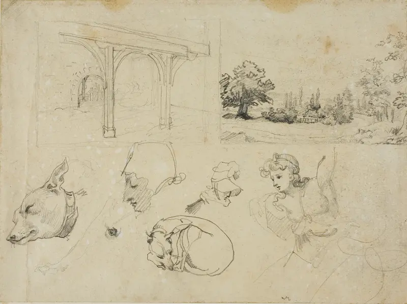 Sketches of A Shed, A Landscape, Dogs and Various Figures