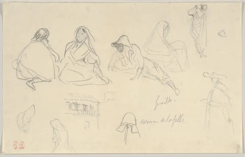 Sketches of Figures and a Tile-Roofed Building, Seville, Spain Wall Art by Eugène Delacroix - High-Resolution Digital Print