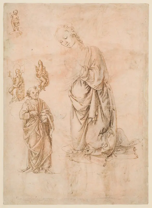 Sketches of Figures of the Virgin Kneeling, Saint Peter Standing, Seated Allegorical Figures of Faith and Charity, and Child Standing on a Corbel (?) (recto); Sketches of Figures of Saint Sebastian Standing and the Virgin and Child with Angels (verso Wall Art by Francesco di Simone Ferrucci - High-Resolution Digital Print