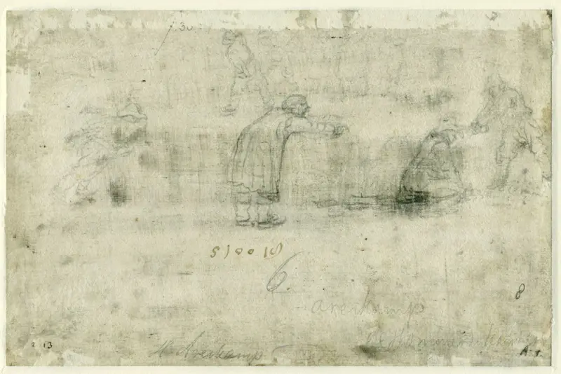 Sketches of Figures on the Ice / recto: Winter Scene on the Frozen Canal near the Kalverhekkenpoort, Kampen Wall Art by Hendrick Avercamp - High-Resolution Digital Print