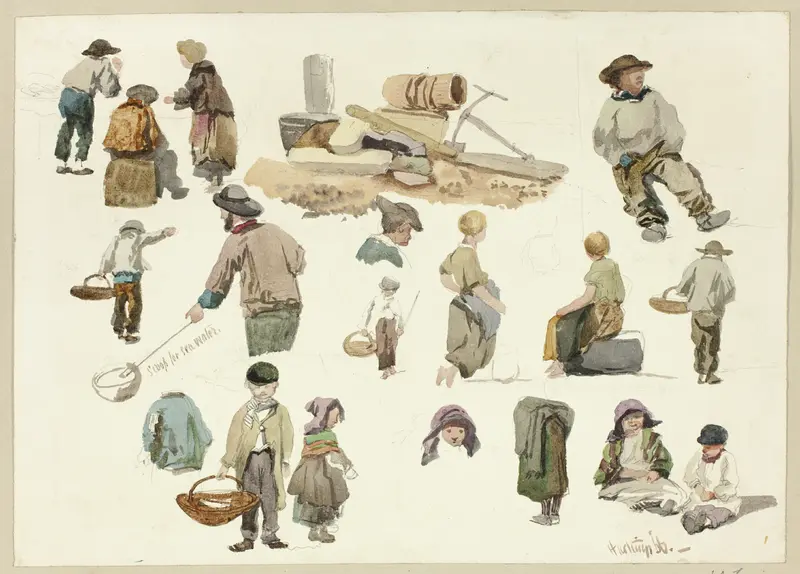 Sketches of Fishermen and Children at Hastings Wall Art by George Robert Lewis - High-Resolution Digital Print