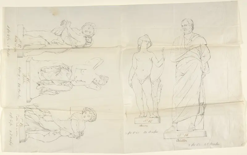 Sketches of five statues:  Love, Aristides, Putto with a Cat, Psyche, and Putto with a Dog Wall Art by John Gibson - High-Resolution Digital Print