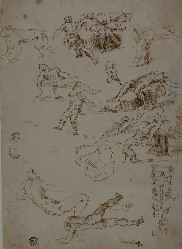 Sketches of Male Nudes, Animals, and Ornamental Details Wall Art by Polidoro da Caravaggio - High-Resolution Digital Print