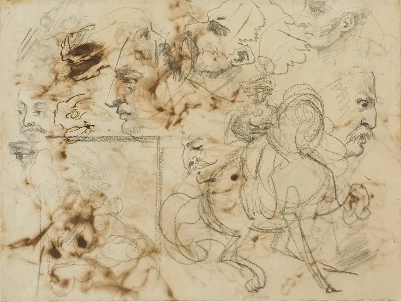 Sketches of Men's Faces, Horses' Muzzles, and Mounted Soldiers
