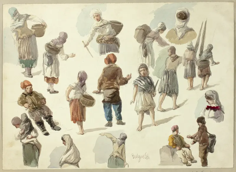 Sketches of Peasants in Boulogne Wall Art by Frederick Christian Lewis - High-Resolution Digital Print