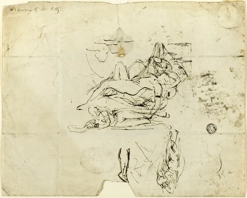 Sketches of Reclining Female Nude and Amorous Couple Wall Art by William Etty - High-Resolution Digital Print