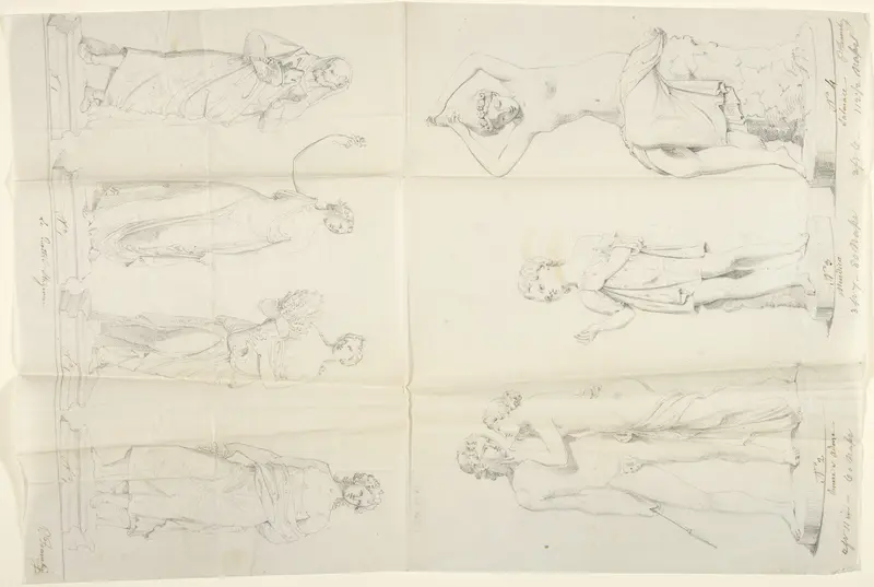 Sketches of seven sculptures: The Four Seasons, Venus and Adonis, a Beggar, and Salmacis Wall Art by John Gibson - High-Resolution Digital Print