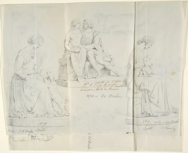 Sketches of seven statues: Faith, Paolo and Francesca di RImini, Charity, Ceres, Heavenly Venus, Dancer, and Sleeping Cupid Wall Art by John Gibson - High-Resolution Digital Print