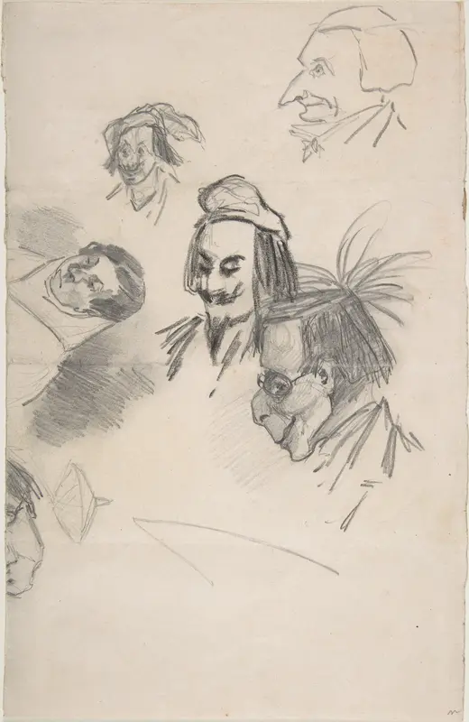 Sketches of Six Heads in Profile (caricatures?) (recto); Sketch of Head and Blank Rectangle (verso) Wall Art by Félicien Rops - High-Resolution Digital Print