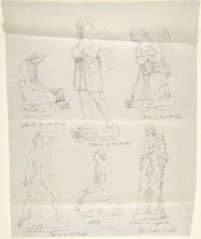 Sketches of six statues: Magdalen by Canova, Divine Love by Bienaimé, Praying Angel, Boxer by Canova, Trust in God by Bartolini, and Madonna by Raphael Wall Art by John Gibson - High-Resolution Digital Print