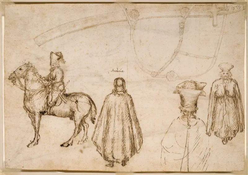 Sketches of the Emperor John VIII Palaeologus, a Monk, and a Scabbard Wall Art by Pisanello - High-Resolution Digital Print