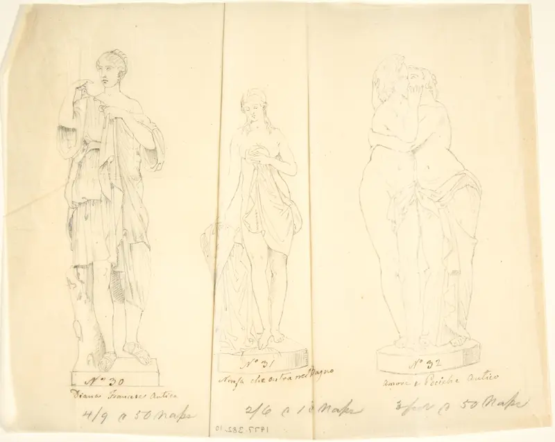 Sketches of three statues: Diana, Nymph Bathing and Cupid and Pysche Wall Art by John Gibson - High-Resolution Digital Print