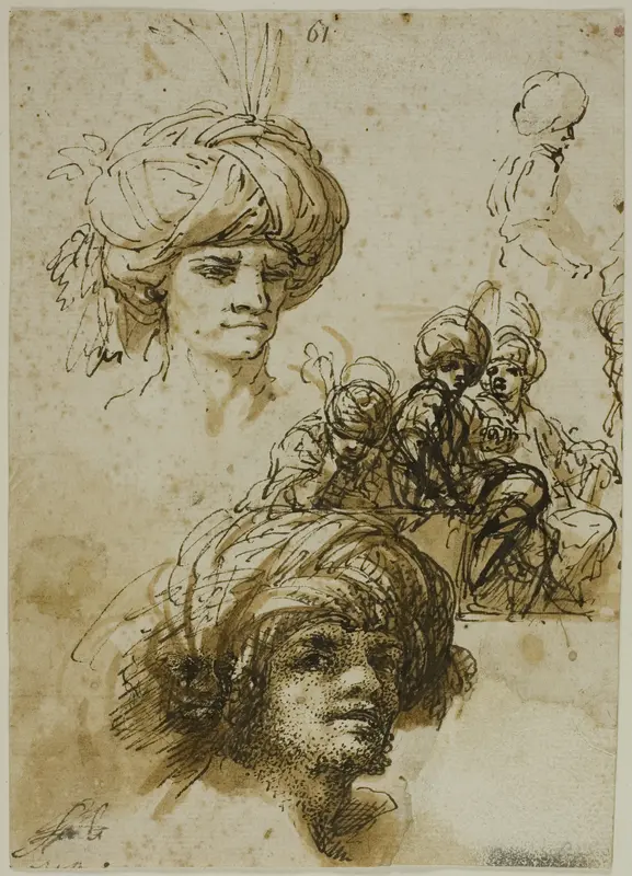 Sketches of Turbanned Men (recto); Fragment of a Figure and Sketches of Foliated Architectural Ornament (verso) Wall Art by Salvator Rosa - High-Resolution Digital Print