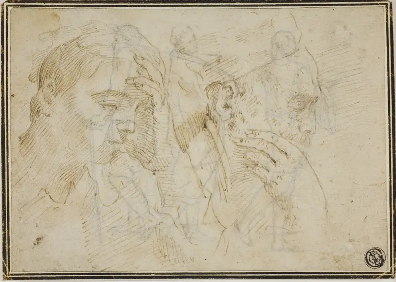 Sketches of Two Male Heads in Profile to Right Wall Art by Style of Donato Creti - High-Resolution Digital Print